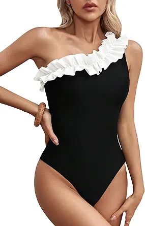 Floerns Women's One Piece Colorblock Floral Appliques Asymmetrical Neck Monokini Swimsuit | Amazon (US)
