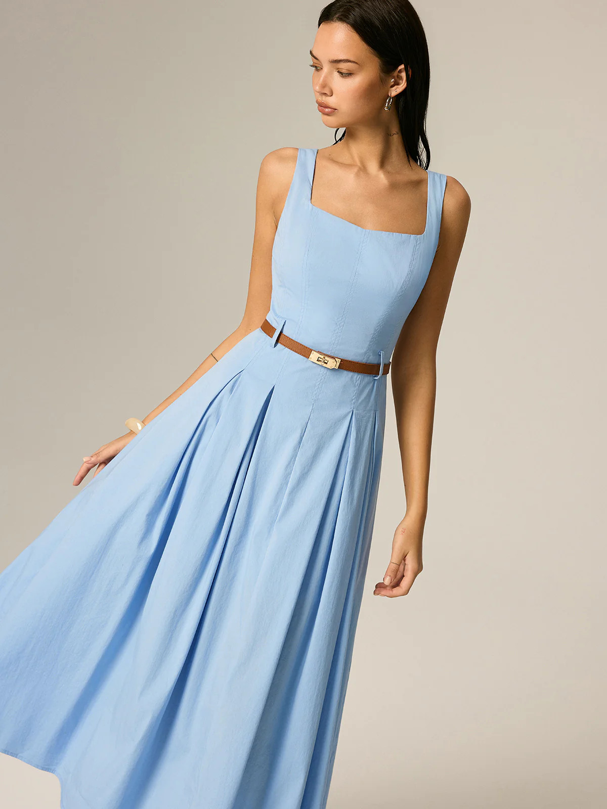 Square Neck Belted Pleated Maxi Dress | Commense