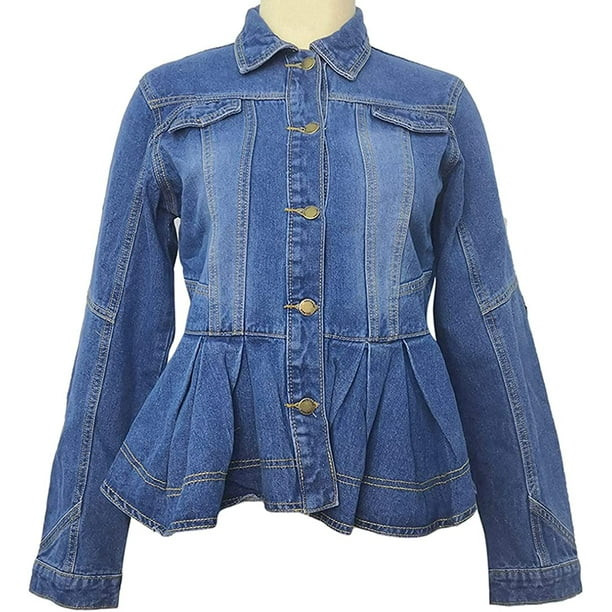 DabuLiu Women's Slim Long Sleeve Button Down Ruffle Cropped Denim Peplum Jacket | Walmart (US)