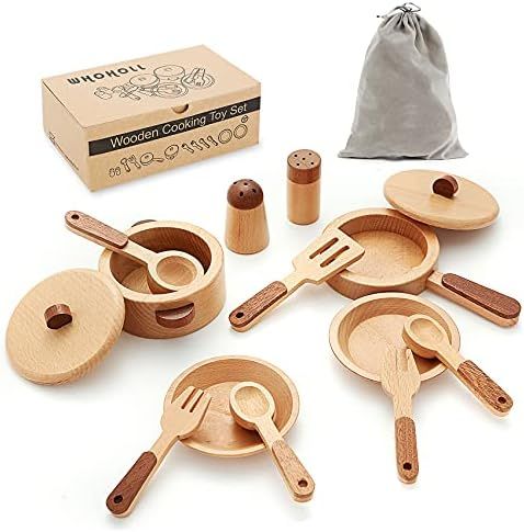 WHOHOLL Play Kitchen Accessories, Wooden Play Set Cookware Plates Dishes Play Kitchen Pots Pans C... | Amazon (US)