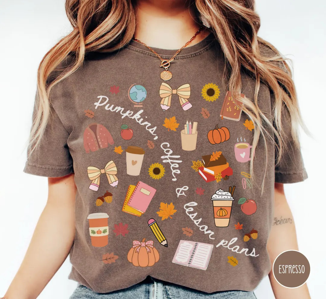 Fall Teacher Shirt Comfort Colors Tee Pumpkin Coffee Lesson Plans Doodle Cute Fall Tshirt for Tea... | Etsy (US)