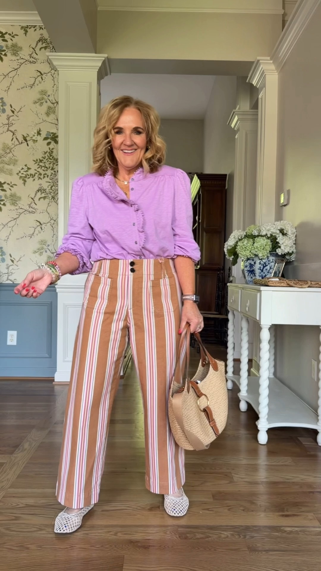 Oxford size small 
Striped jeans I sized up to a 30 reg for a very relaxed look. 15% off 
Pants are soldout but I’ve linked a few options  

10% off my bag code NANETTE 
20% off my bracelets code NANETTE20

#LTKSaleAlert #LTKootd #LTKOver40