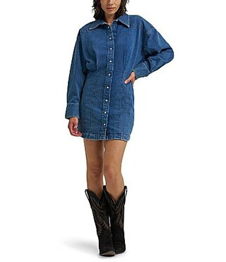 Wrangler� Darted Skirt Collar Neckline Long Sleeve Denim Mini Dress - XS | Dillard's
