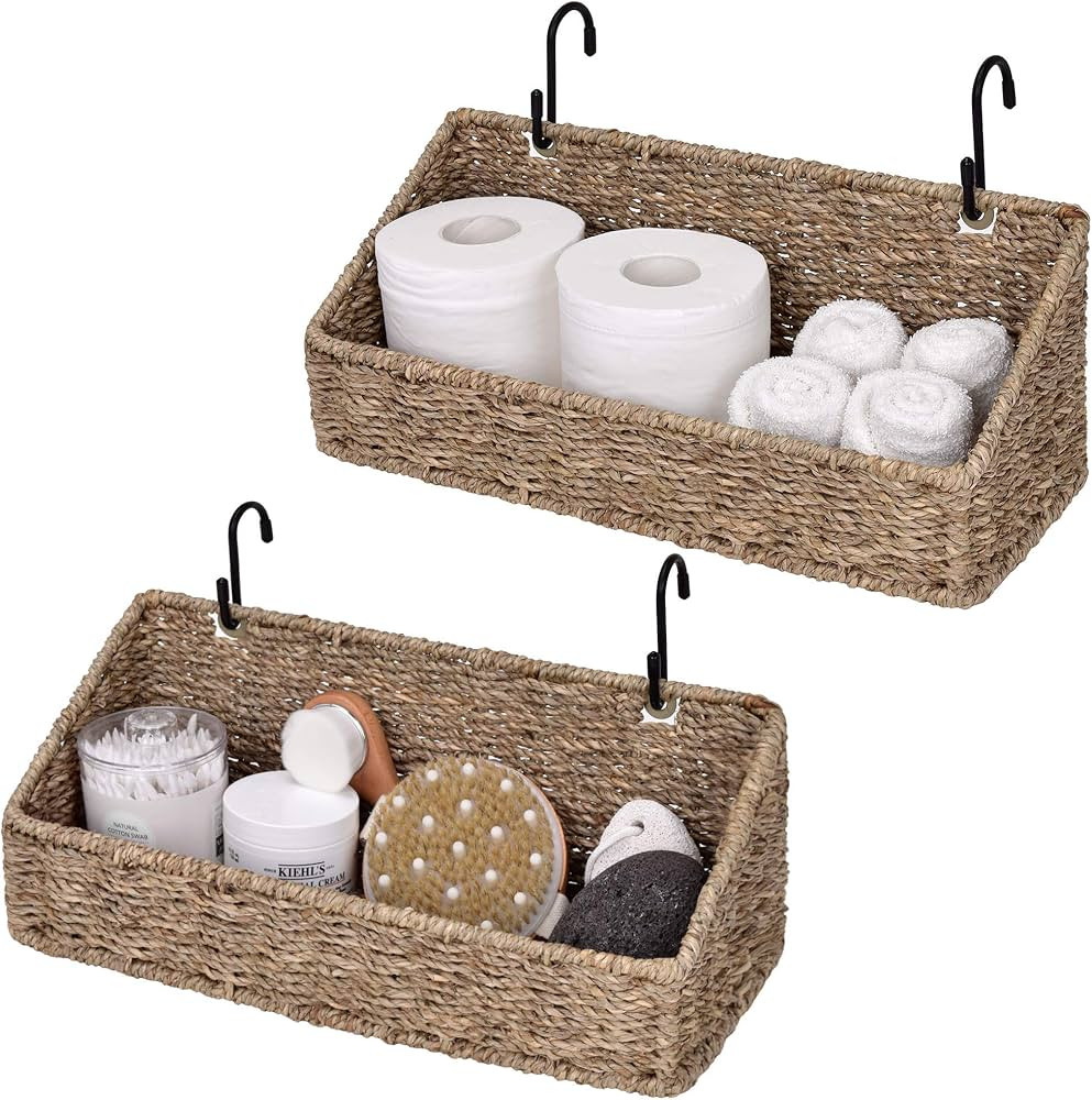 StorageWorks Woven Wall Baskets for Storage, Seagrass Baskets for Shelf, Wall Storage for Kitchen and Bathroom, Hanging Baskets for Organizing, 2 Pack | Amazon (US)