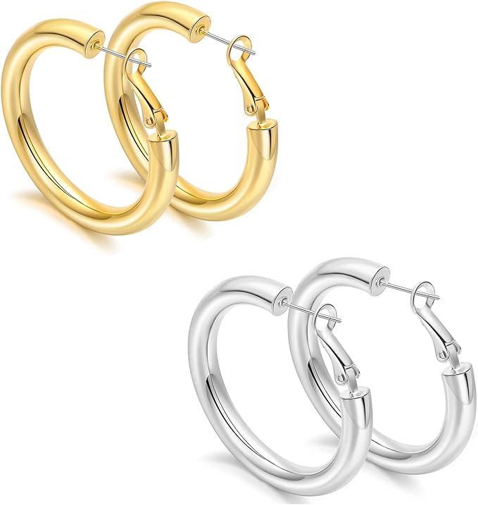 sovesi Chunky Gold Hoop Earrings for Women with 925 Sterling Silver Post, 14K Gold Plated Thick G... | Amazon (US)