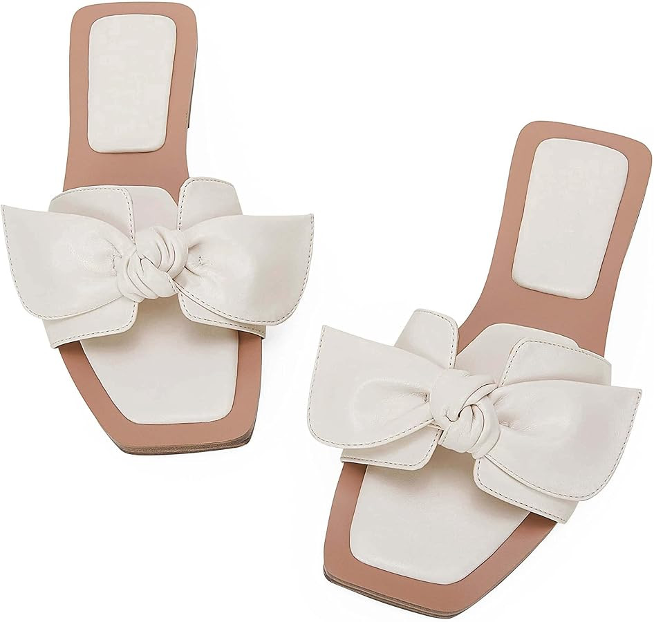 LAICIGO Womens Slip on Bow Sandals Dressy Comfortable Flat Sandals Square Toe Summer Slides | Amazon (US)