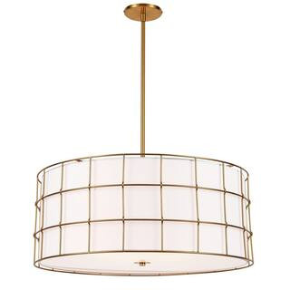 Alcala 4-Lights Aged Brass Tapered Drum Pendant with White Fabric Shade | The Home Depot