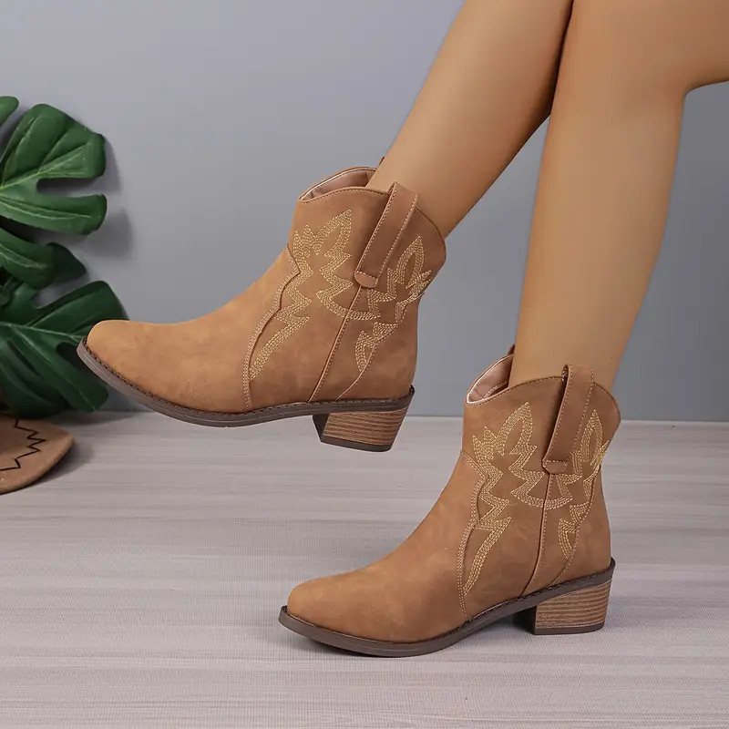 Women's Chunky Heeled Ankle Boots, Retro V-cut Slip On Western Cowboy Boots, Retro Stacked Heeled... | Temu Affiliate Program