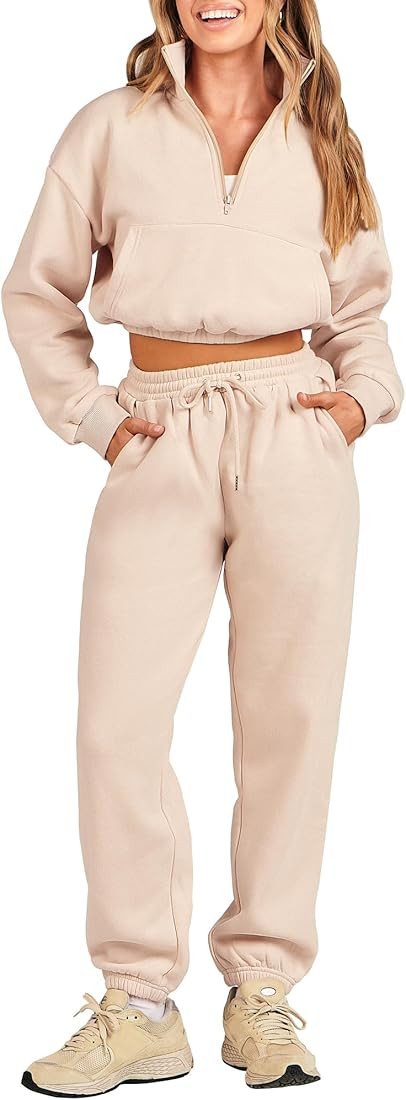 ANRABESS Women's Two Piece Outfits Long Sleeve Half Zip Crop Sweatsuit with Jogger Pants Lounge S... | Amazon (US)