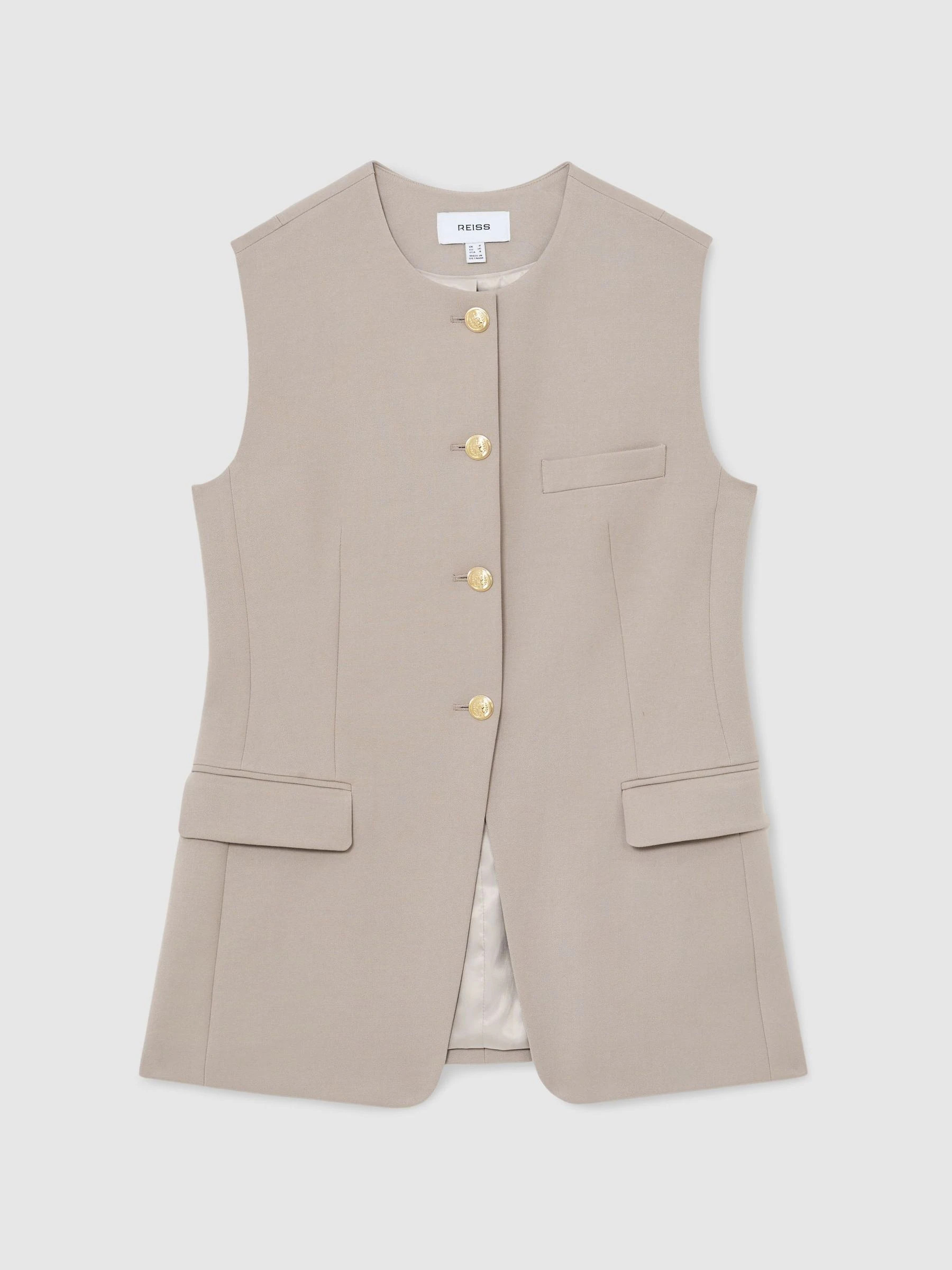 Reiss Reiss Stone Neutral Gabi Button-Through Longline Waistcoat | Next US
