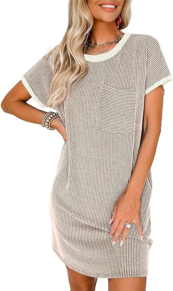 Acelitt Womens Casual Summer Crewneck Short Sleeve Ribbed Mini Tshirt Dress, XS-3XL | Amazon (US)