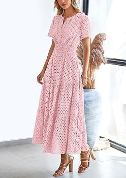 PRETTYGARDEN Womens 2025 Summer Maxi Dress Short Sleeve V Neck Hollow Out Eyelet A Line Long Flow... | Amazon (US)