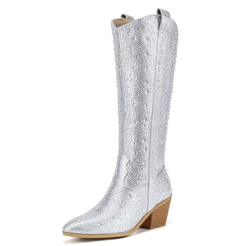 IDIFU IN3 Rhinestone Cowboy Boots for Women Knee High Western Cowgirl Boots Pointed Toe Block Chunky Heels Sparkly Glitter Long Tall Dress Booties Party Bling Shiny Boots(Rhinestone, 8) | Amazon (US)