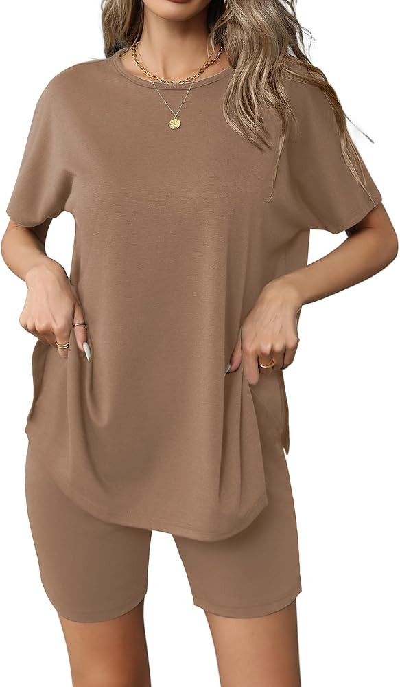 Ekouaer Women's Pajamas Set 2 Piece Cap Sleeve Loungewear Oversized Top Biker Shorts Set Short Sl... | Amazon (US)