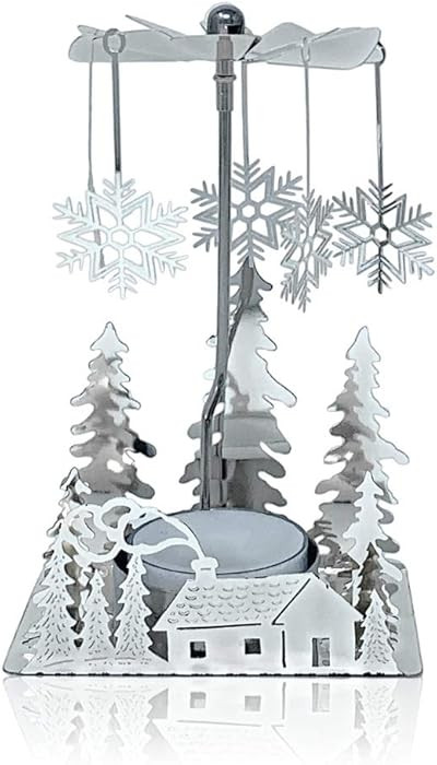 Winter Holiday Cabin Silver Candle Spinner - Silver Plated Laser Cut Winter Scene - Cabin Trees w... | Amazon (US)
