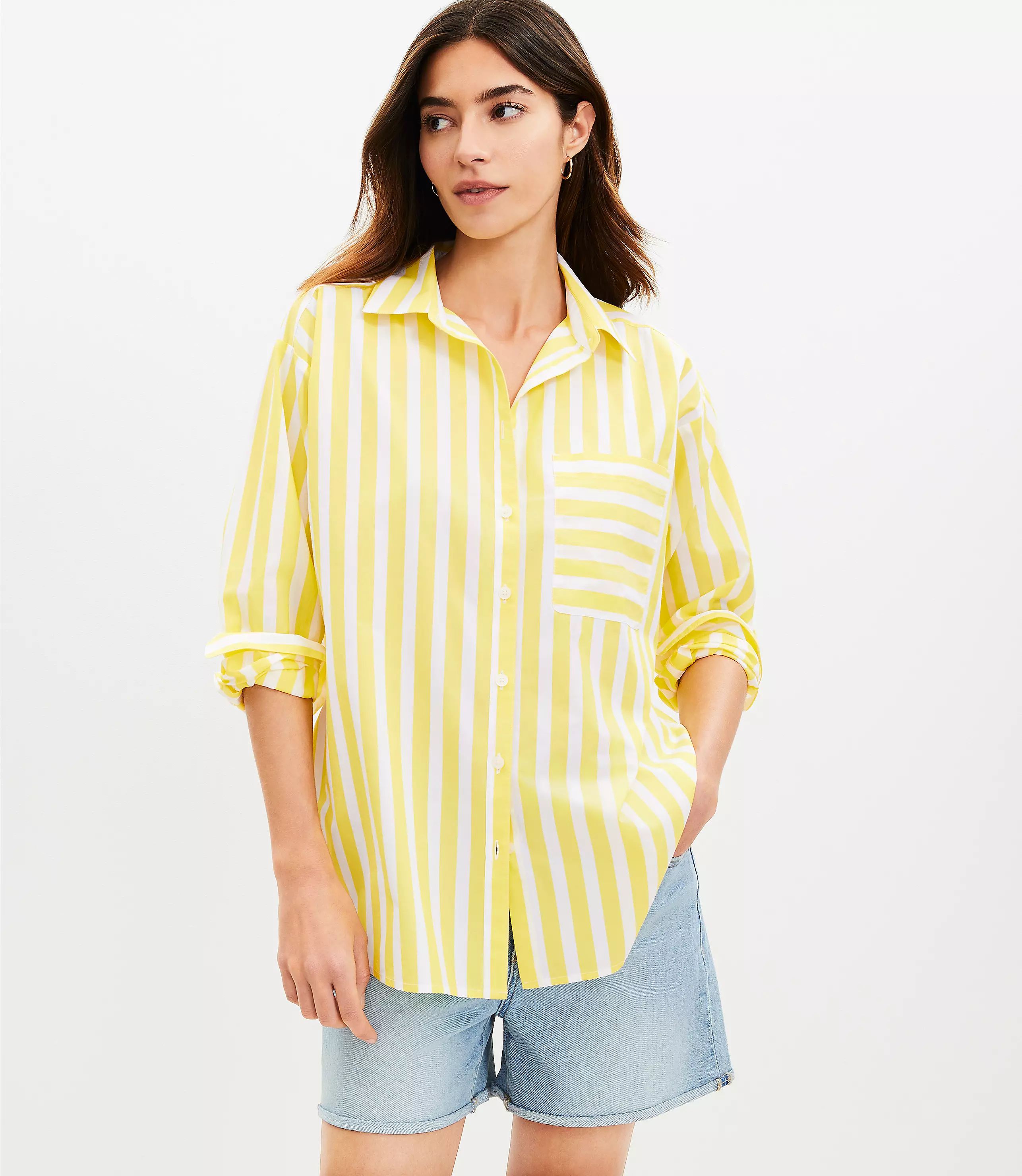 Striped Poplin Oversized Pocket Shirt | LOFT