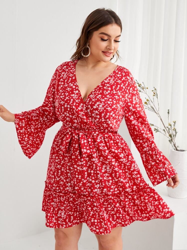 Plus Ditsy Floral Print Ruffle Hem Belted Dress | SHEIN