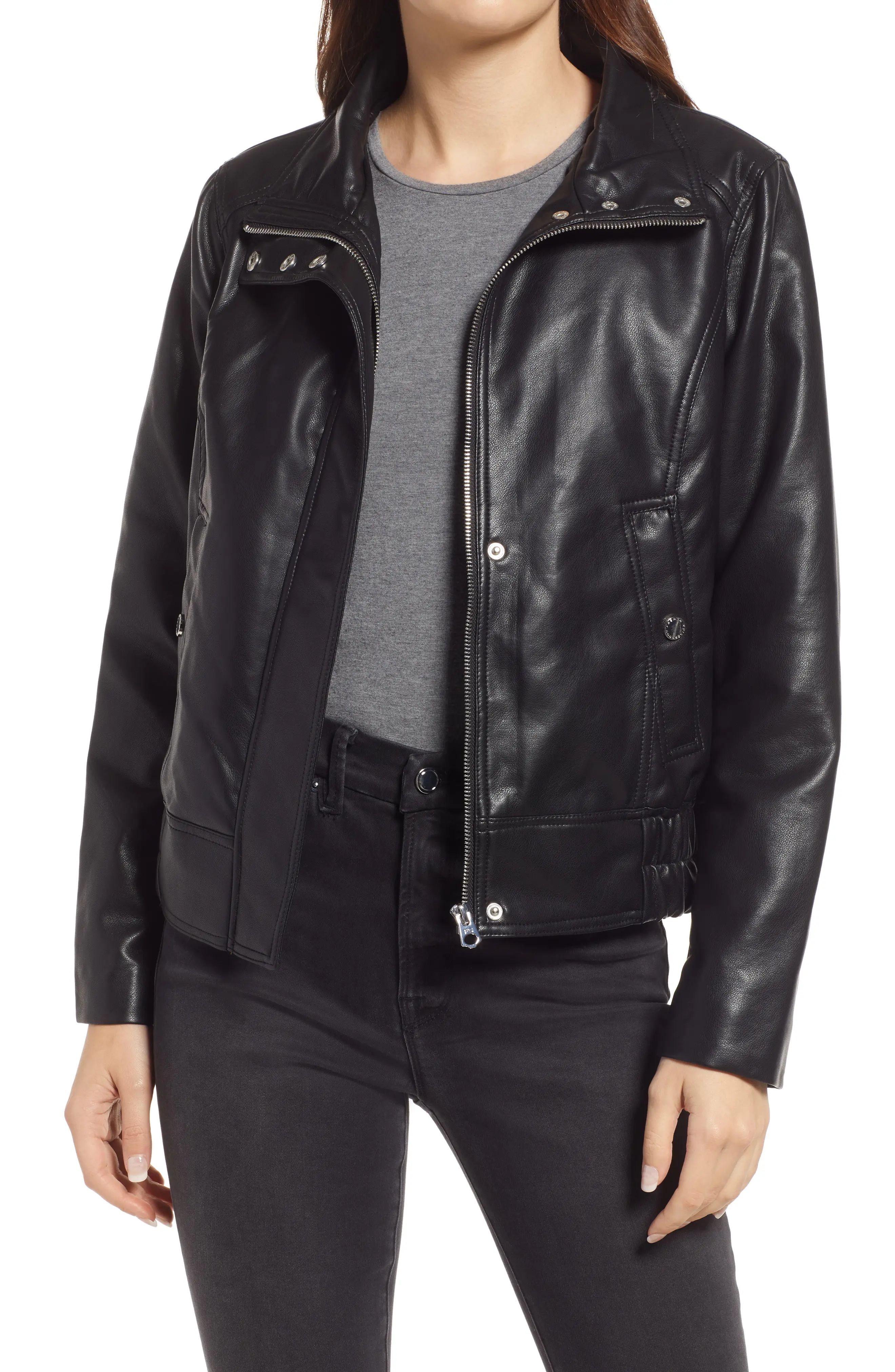 French Connection Faux Leather Jacket, Size Large in Black at Nordstrom | Nordstrom