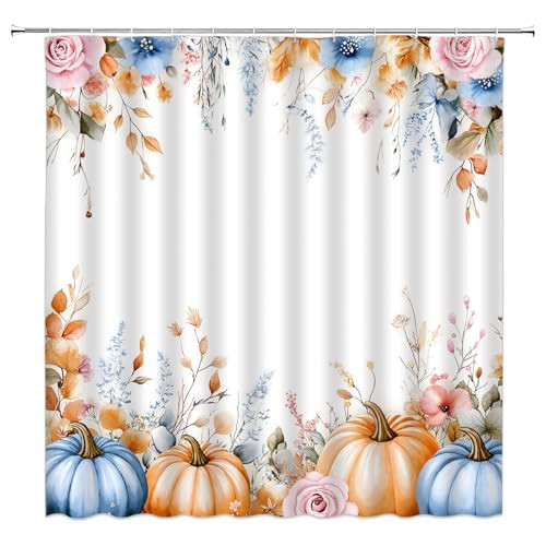 GCTNBJL Fall Pumpkin Shower Curtain Floral Leaf Thanksgiving Autumn Watercolor Orange Blue Bathroom Home Curtain with Hooks,70x70 Inch | Amazon (US)
