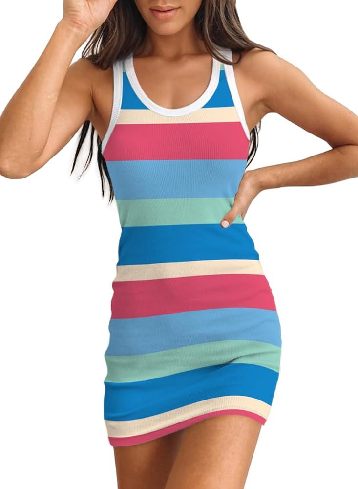 Valiamcep Women's Summer Ribbed Tank Dress Scoop Neck Slim Fit Sleeveless Bodycon Mini Dresses | Amazon (US)