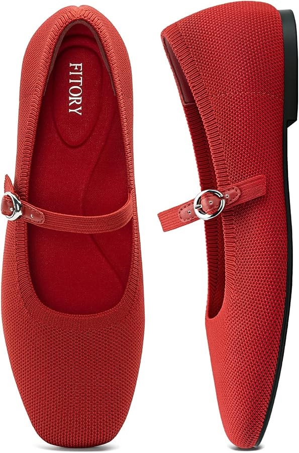 FITORY Flats for Women, Mary Jane Ballet Square Toe Knit Ankle Strap Shoes | Amazon (US)