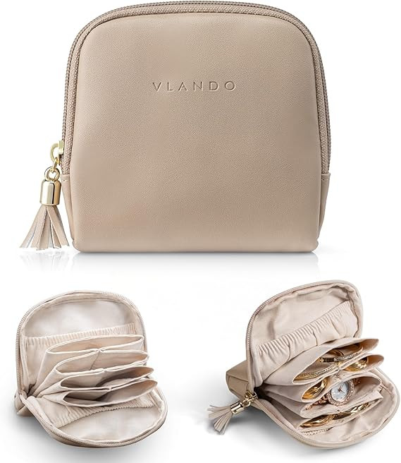VLANDO Small Travel Jewelry Case,Velvet Pouch Bags with Zipper,Toffee | Travel Essentials,PU Leat... | Amazon (US)