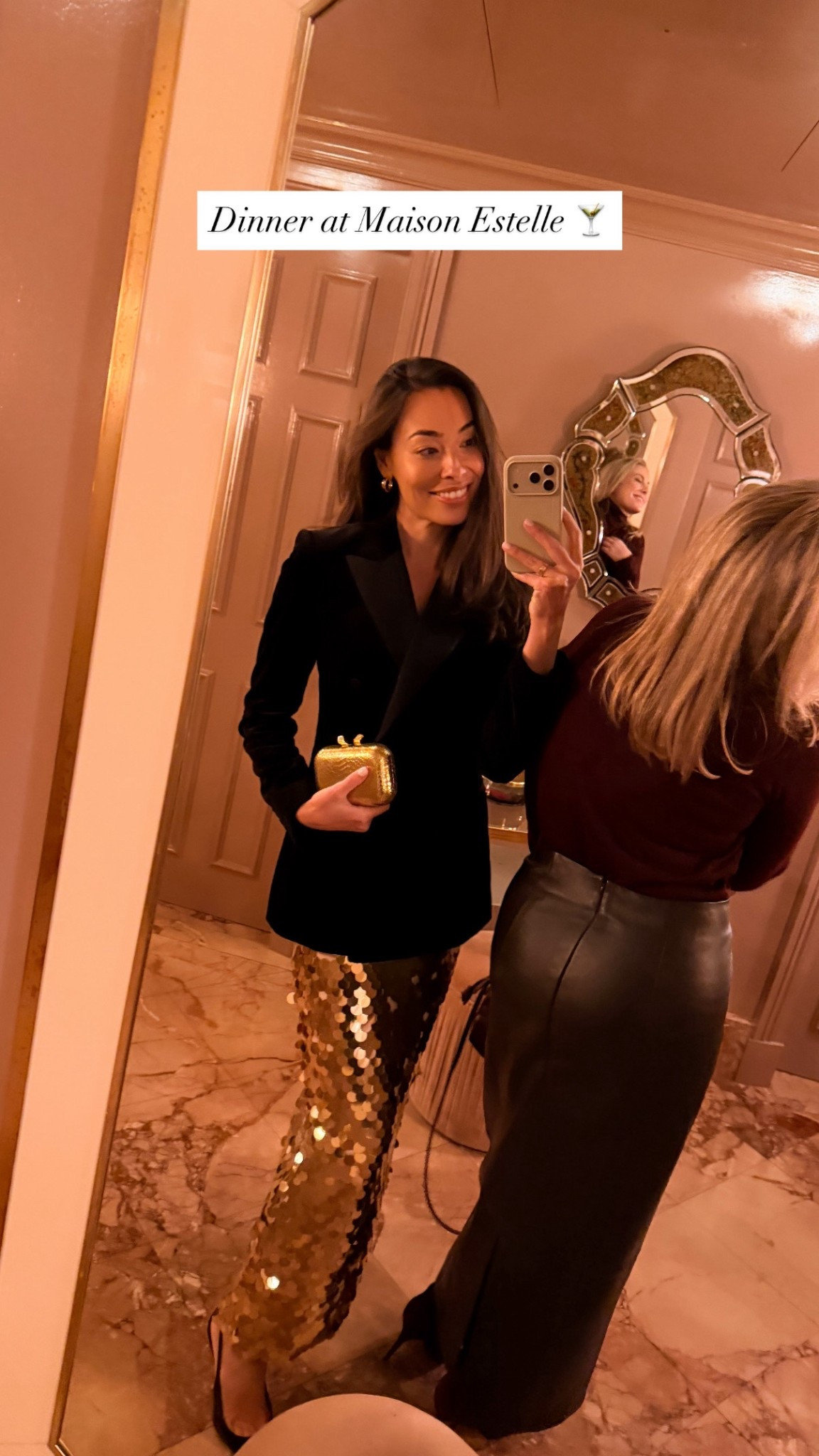 My outfit + her leather skirt! Date night outfit, holiday outfit, festive. 

#LTKHoliday #LTKGiftGuide #LTKootd