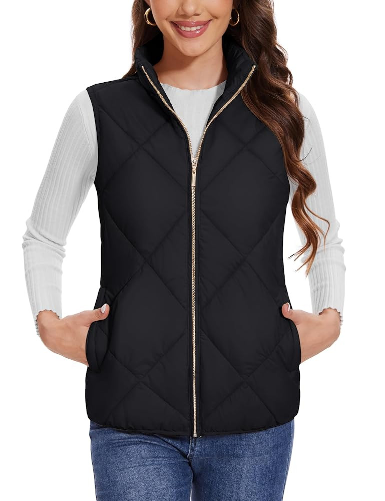 YUCOLEN Women's Quilted Vest Stand Collar Lightweight Zip Padded Gilet Sleeveless Jackets Coats O... | Amazon (US)