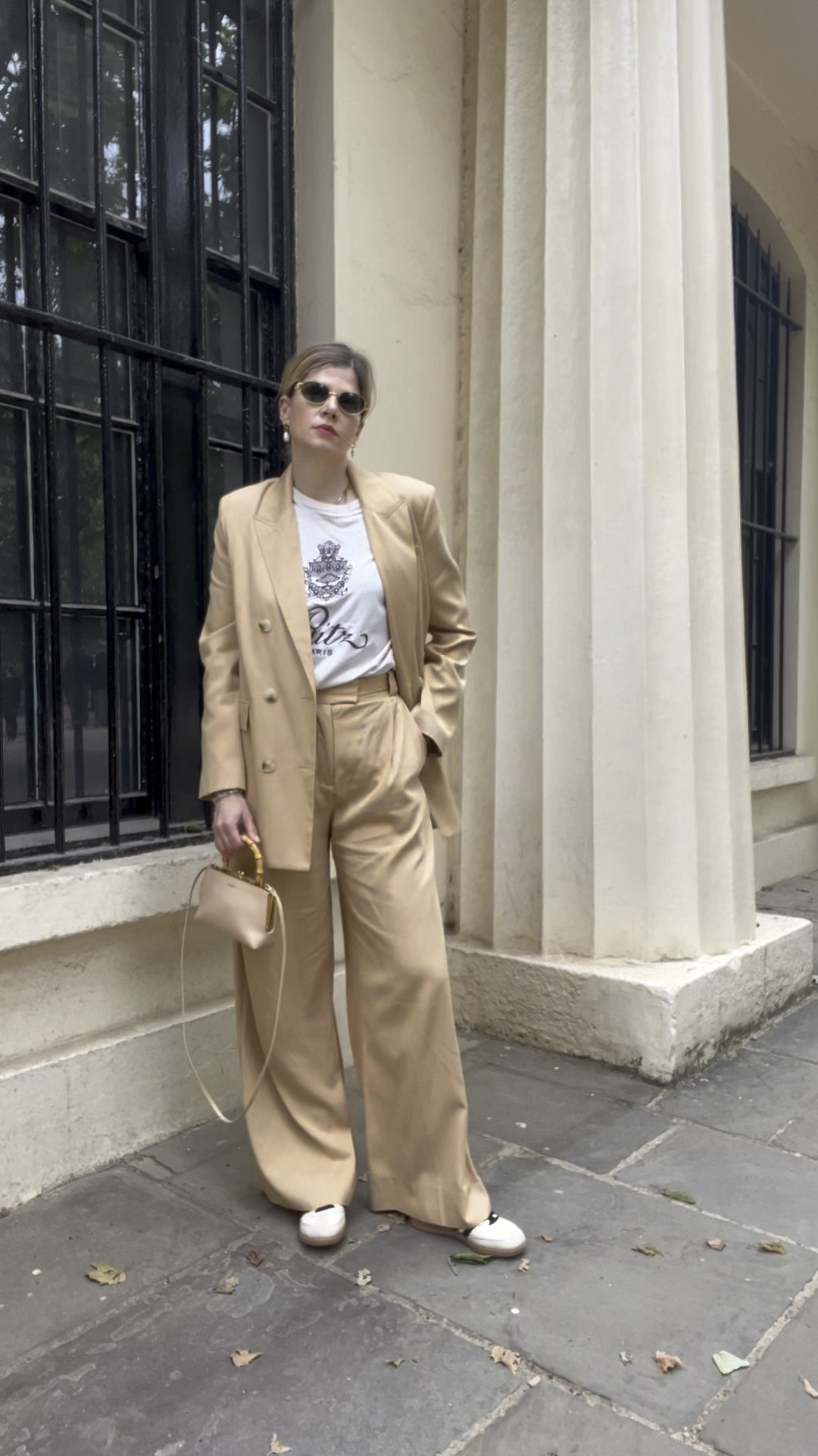 Beige suit, jil sander bag, ritz Paris, ritz Paris tshirt, adidas samba, sambas, smart casual outfit, celine Triomphe sunglasses

#LTKworkwear #LTKVideo #LTKstyletip