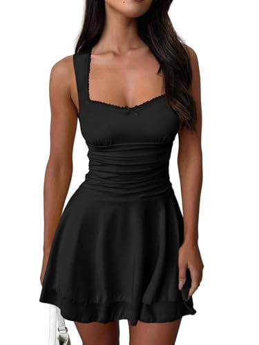 MIYIEONZ Women's Square Neck Ruffle Hem Mini Dresses Ruched Waist Slim Medium Black Sleeveless Corset Dress for Women Summer Short Party Dress | Amazon (US)