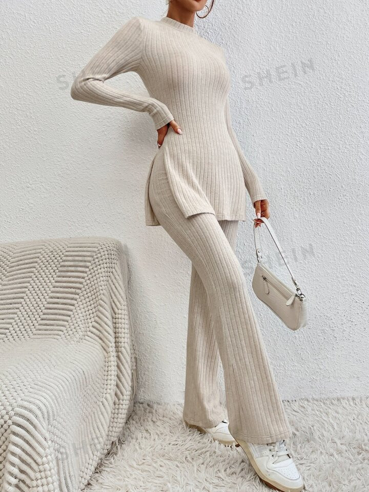 SHEIN Essnce Mock Neck Split Hem Tee & Flare Leg Pants | SHEIN USA | SHEIN