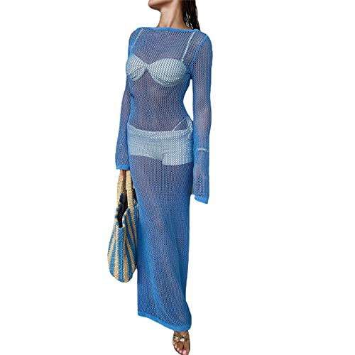 Women Y2k Crochet Cover Up Maxi Dress Long Sleeve Knitted Hollow Out Sexy See Through Beach Backless Blue, S | Amazon (US)