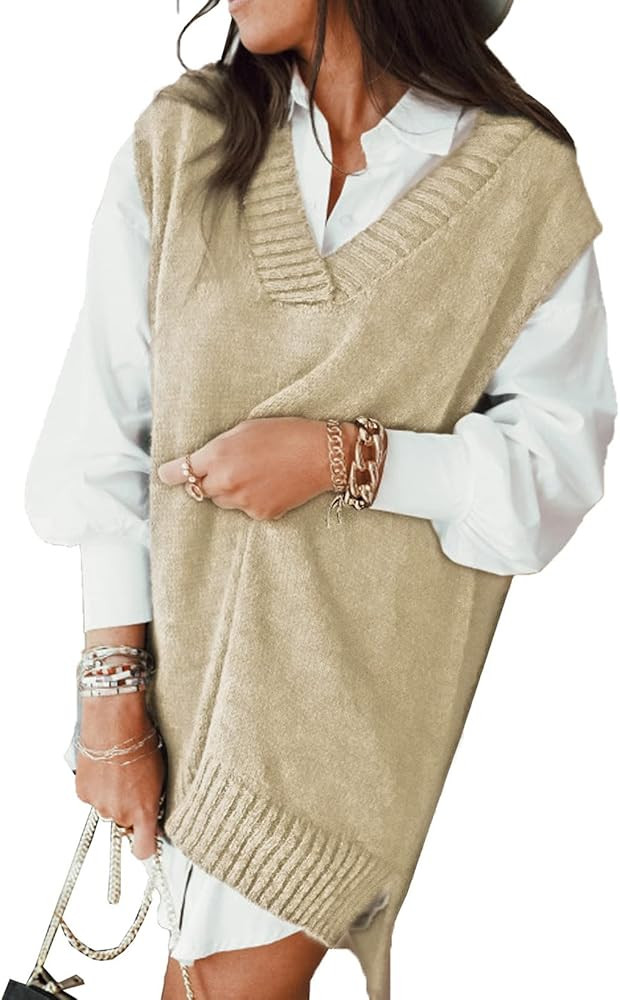 EVALESS Oversized Sweater Vest for Women V Neck Sleeveless Solid Color Loose Pullover Sweater | Amazon (US)