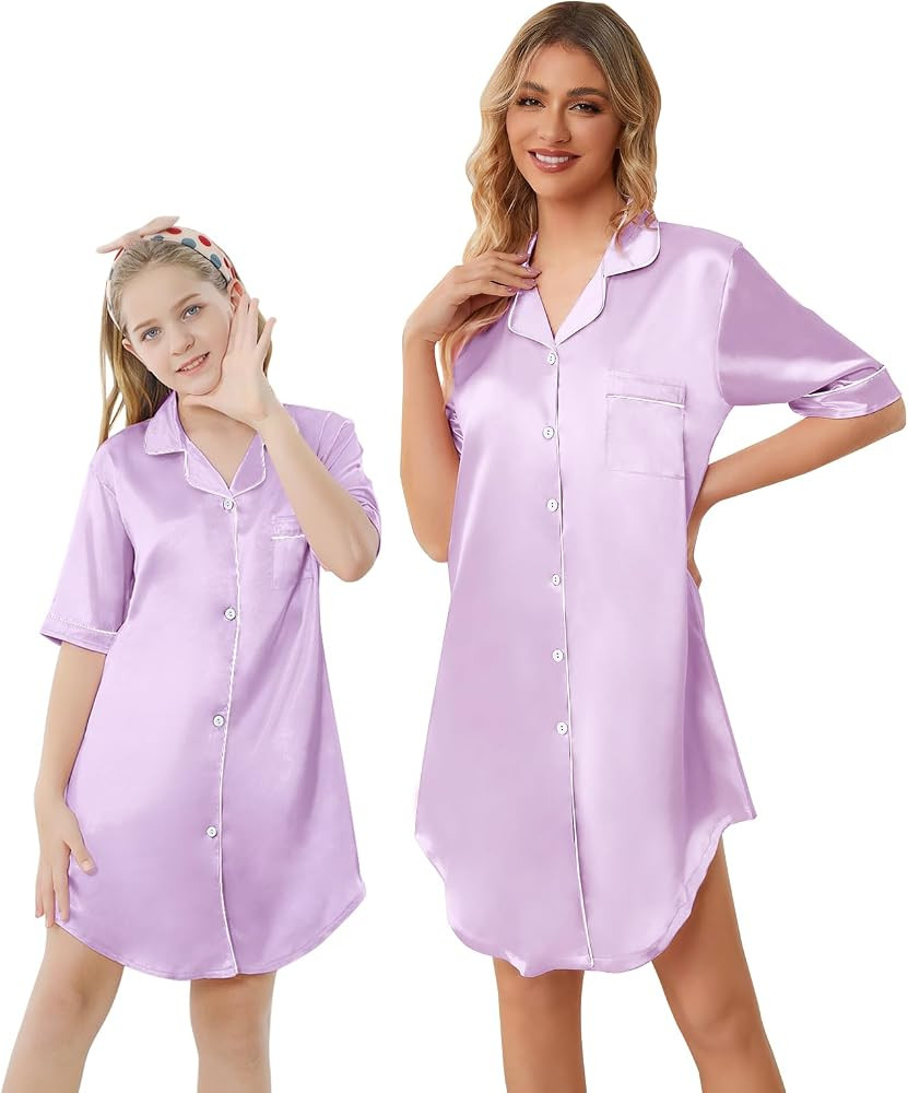 Schbbbta Girls & Women Silk Nightgown, Short Sleeve Button Down Satin Nightshirt Pajama House Dre... | Amazon (US)