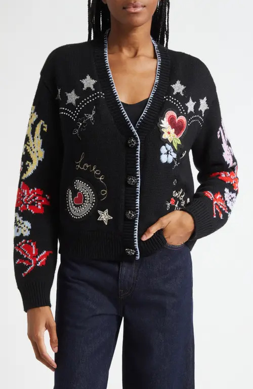 Cinq à Sept Western Collage Wool Blend Cardigan in Black Multi at Nordstrom, Size X-Small | Nordstrom