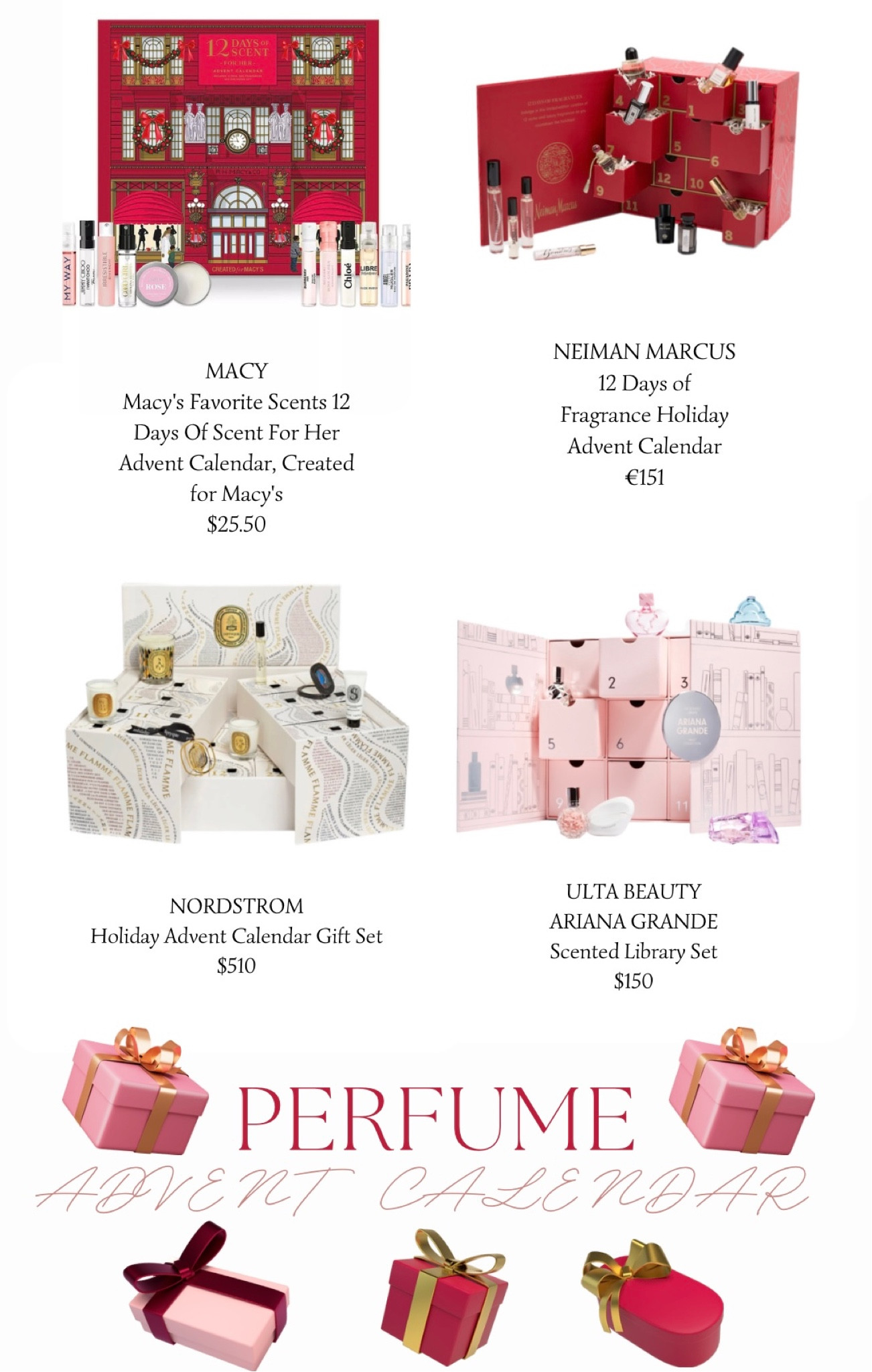 THE FRAGRANCE LOVER HOLIDAY GIFT IDEAS :
Top 4  Fragrance Advent Calendar where you can find perfume,cologne, candles from different brands like Armani,  Chloé, Ariana Grande fragrances etc...


Gift guide, gift ideas, gift ideas for her, gift ideas for him, advent calendar, gift guide 2023, fragrance, perfume, women’s perfume, candle, 

#LTKGiftGuide #LTKbeauty #LTKHoliday