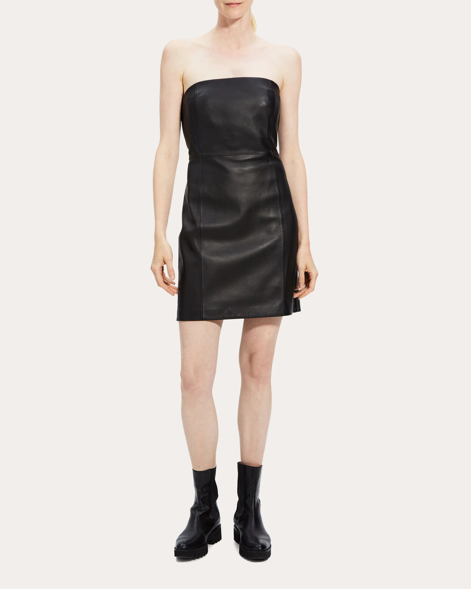Theory Women's Strapless Leather Mini Dress in Black | Olivela