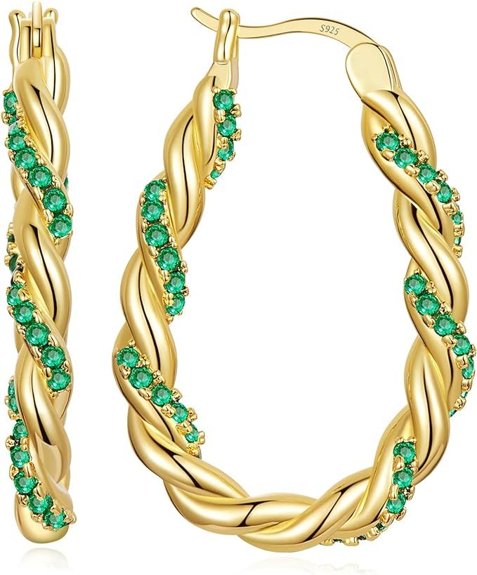 14K Gold Plated Oval Hoop Earrings for Women 925 Sterling Silver Post Twist Huggie Hoop Earrings ... | Amazon (US)