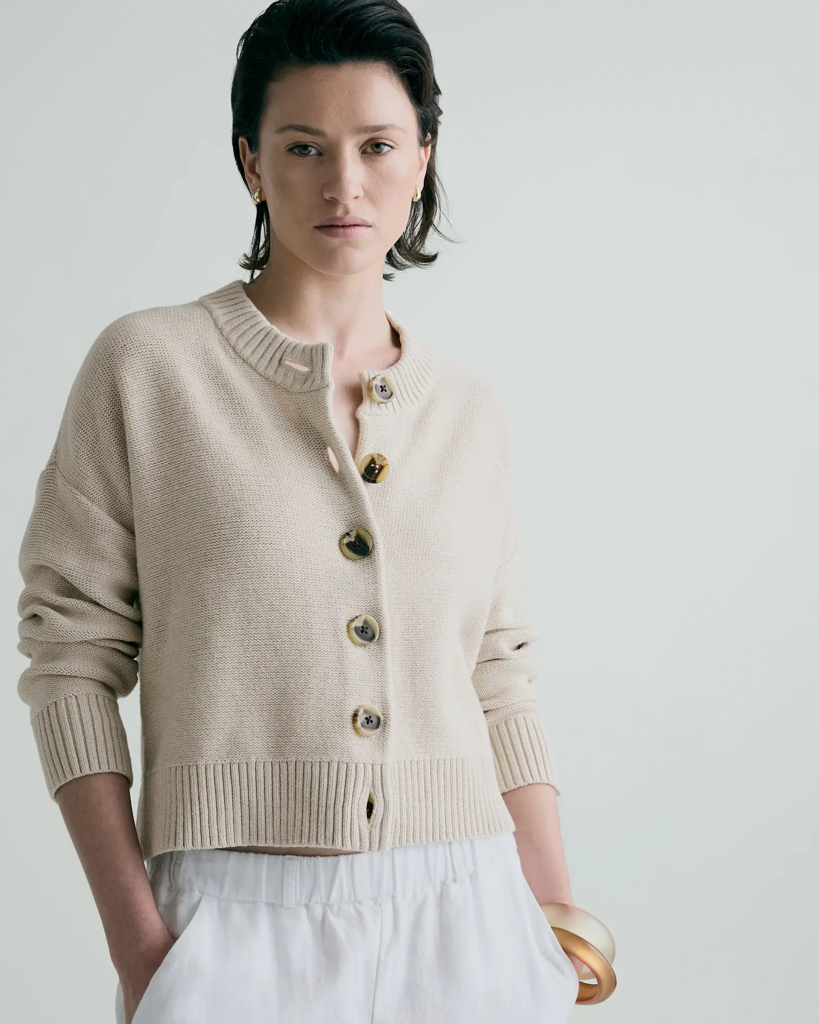 100% Organic Cotton Cropped Cardigan in Speckled Beige | Quince