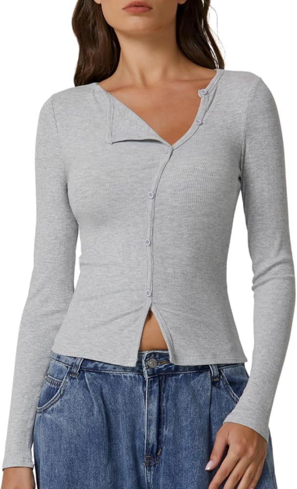 QINSEN Women's Long Sleeve Ribbed Crewneck Shirts Upper Button Fastening Going Out Tops | Amazon (US)