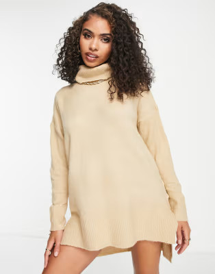 Brave Soul ming knitted roll neck jumper dress in beige | ASOS (Global)