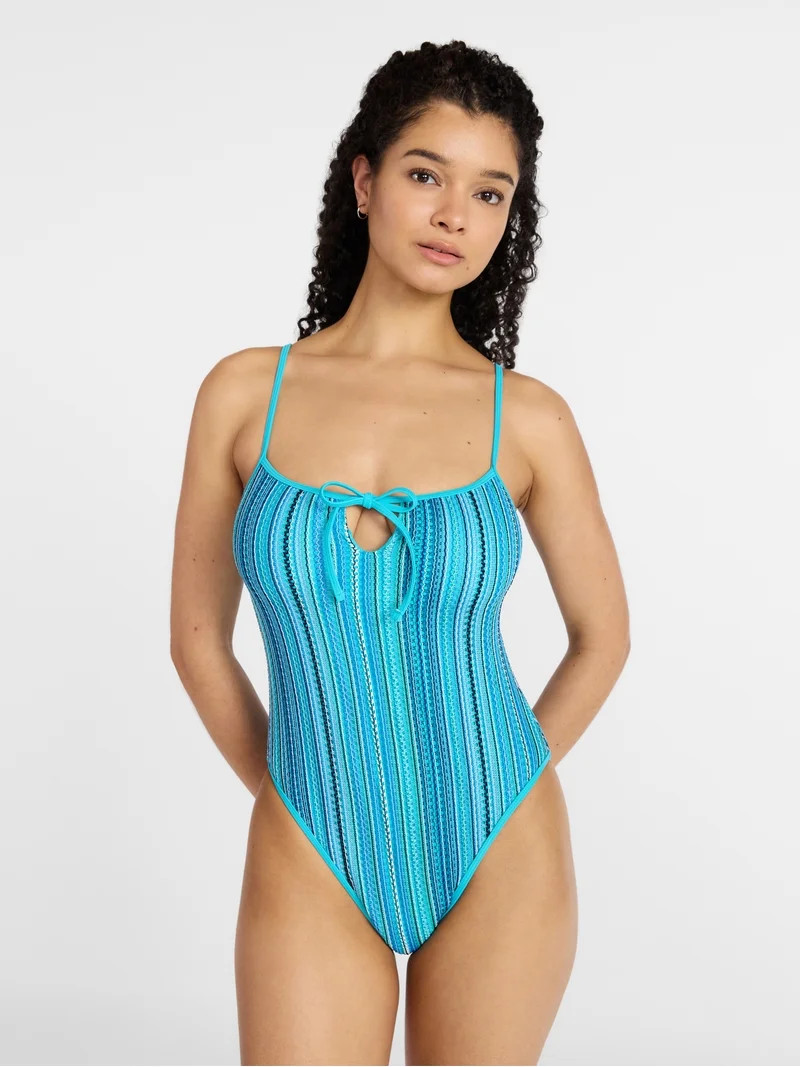 No Boundaries Tie Front Striped One-Piece Swimsuit, Women's XXS-XXL | Walmart (US)