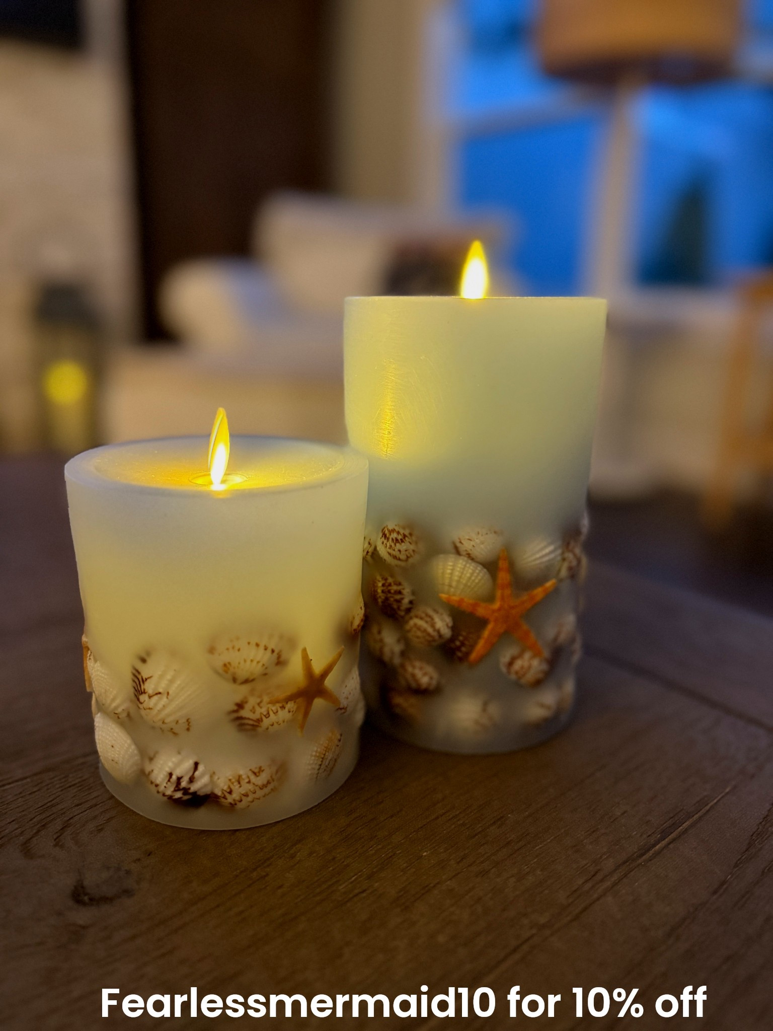 look at these gorgeous Coastal blue summer candles s embedded with real seashells and starfish ! I love @luminara always but this collection steals my heart!!  
get 10% off with my code fearlessmermaid10

#LTKHome #LTKSeasonal