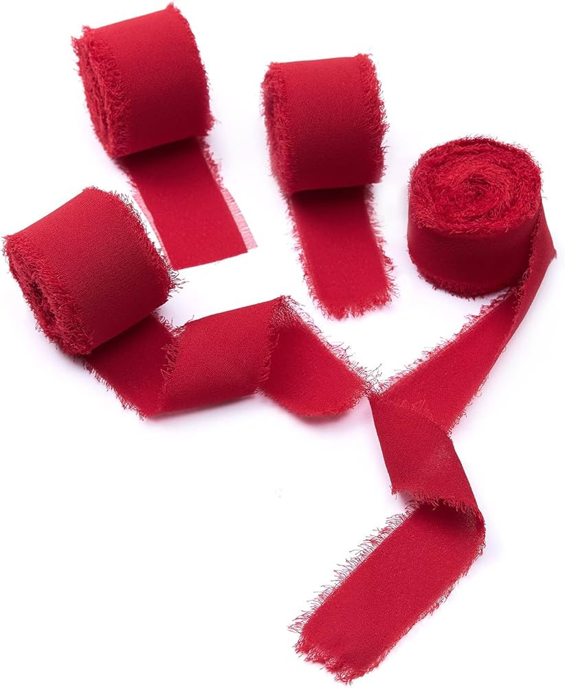 4 Rolls Red Handmade Fringe Chiffon Silk Ribbon 1"W x 5Yd Per Roll,Frayed Edges Ribbon Set for Gi... | Amazon (US)
