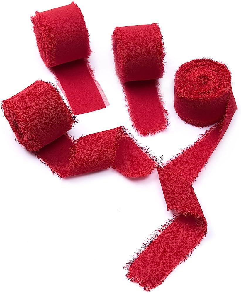 4 Rolls Red Handmade Fringe Chiffon Silk Ribbon 1"W x 5Yd Per Roll,Frayed Edges Ribbon Set for Gi... | Amazon (US)