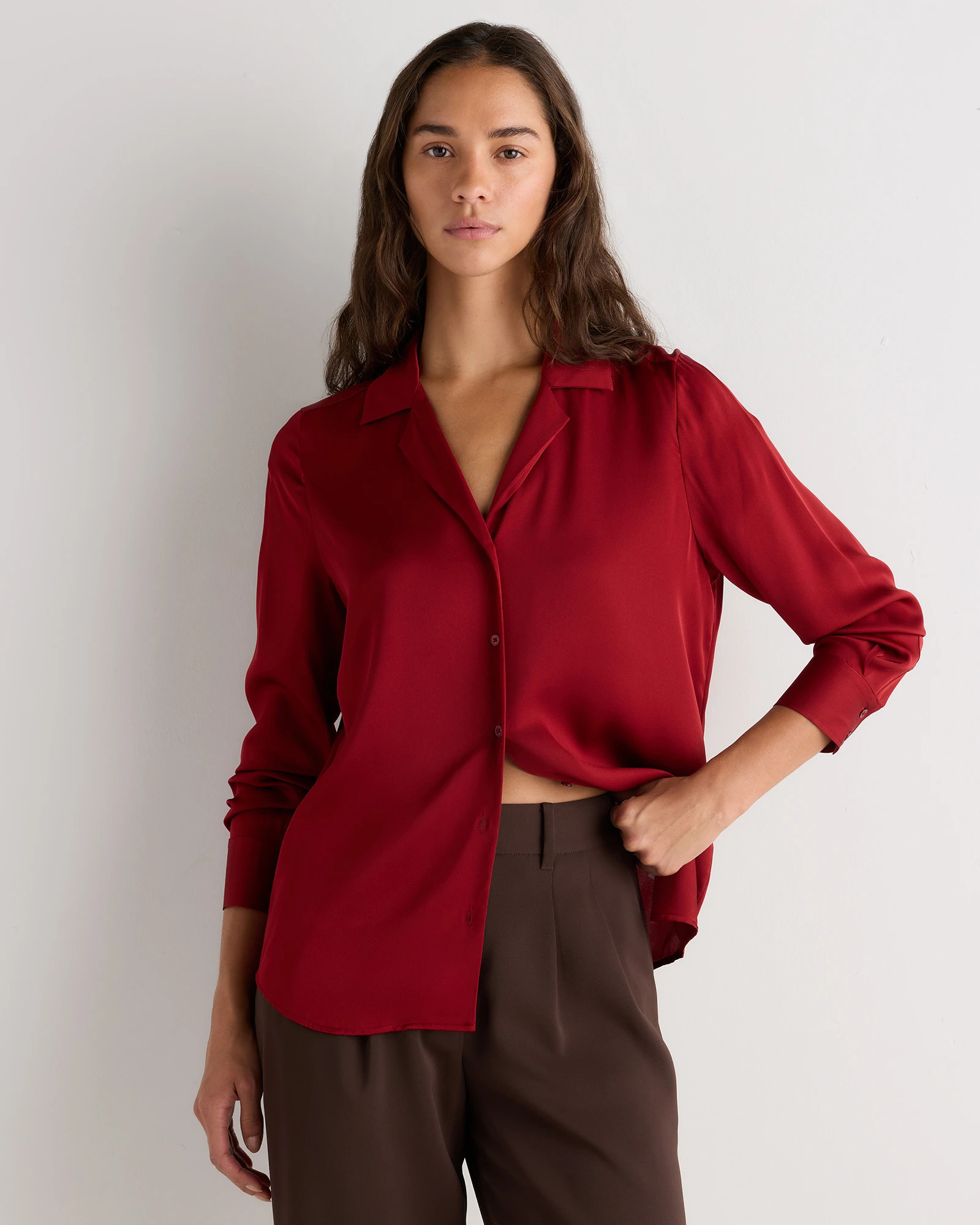 Quince | Women's 100% Washable Silk Stretch Notch Collar Blouse in Black, Size Large | Quince