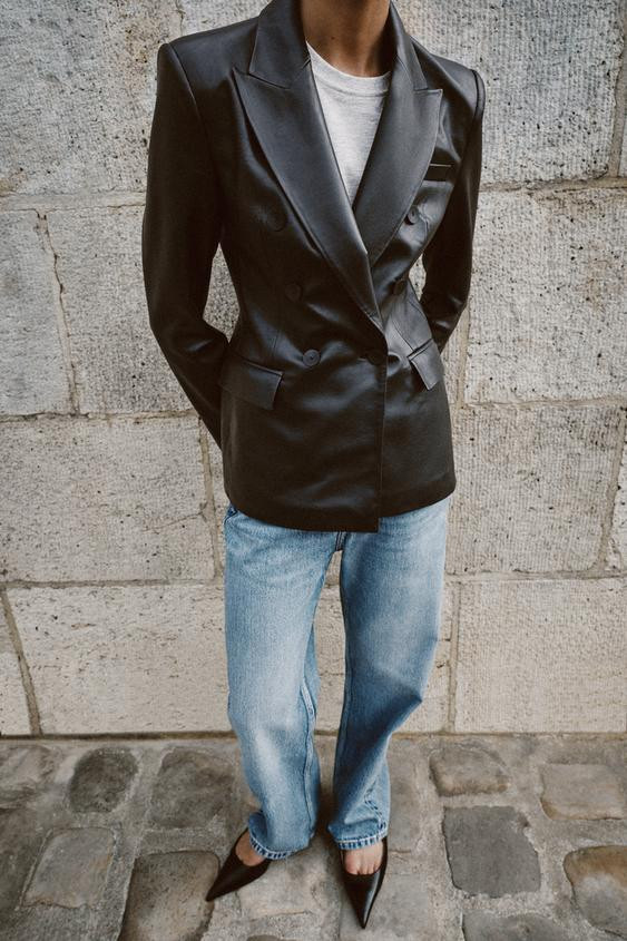 Zara - Faux Leather Double-Breasted Blazer - Black - Xl - Woman | Zara US