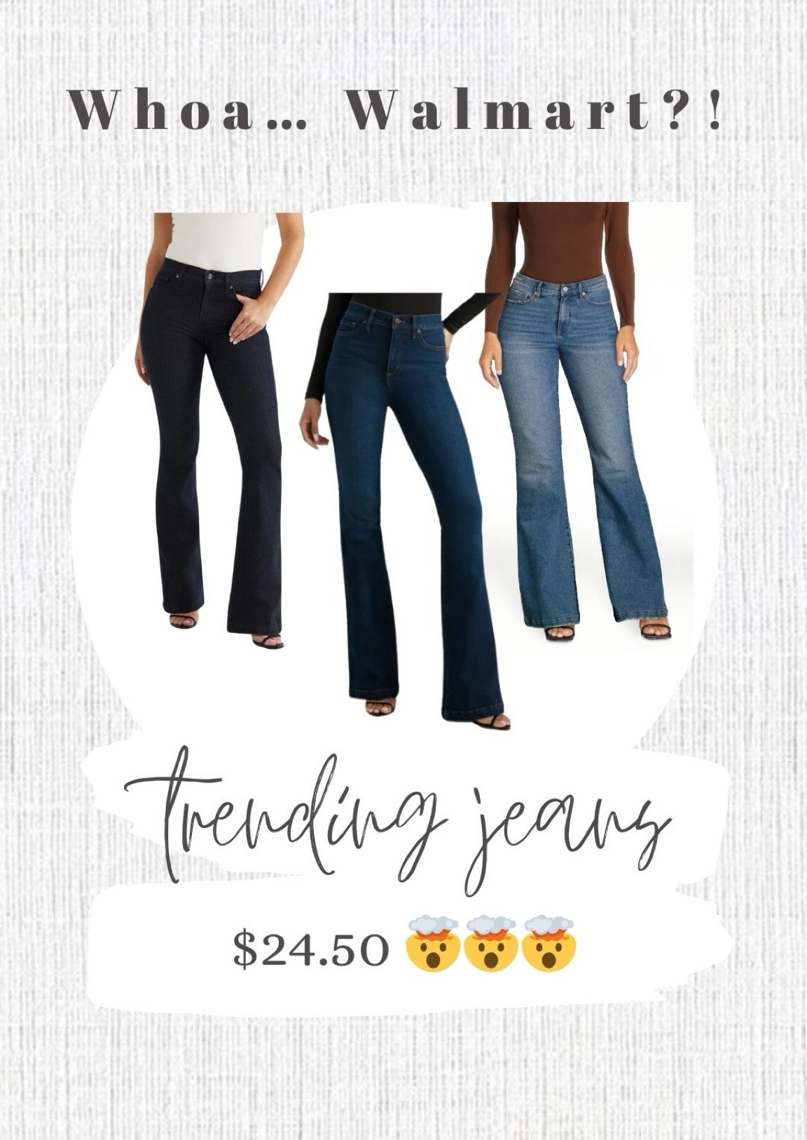$24 trending jeans from Walmart! I have and love the middle pair of flare jeans. Fit like a glove and the perfect amount of stretch! Very comfortable & cute. Come in a few different washes! Can be dressed up for a date night with a bodysuit or pair it with a sweater or tank/ cardigan for a cozy fall outfit! 

Walmart finds, trending fall outfits, date night look, family photos outfits, fall family pictures outfits, casual style

#LTKStyleTip #LTKSeasonal #LTKFindsUnder50