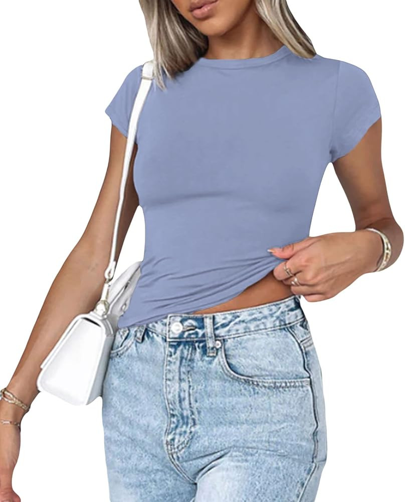 Y2k Sexy Short Sleeve Crop Top Women Basic Solid Slim Fit Shirt Fitted Going Out Crewneck Tees Du... | Amazon (US)