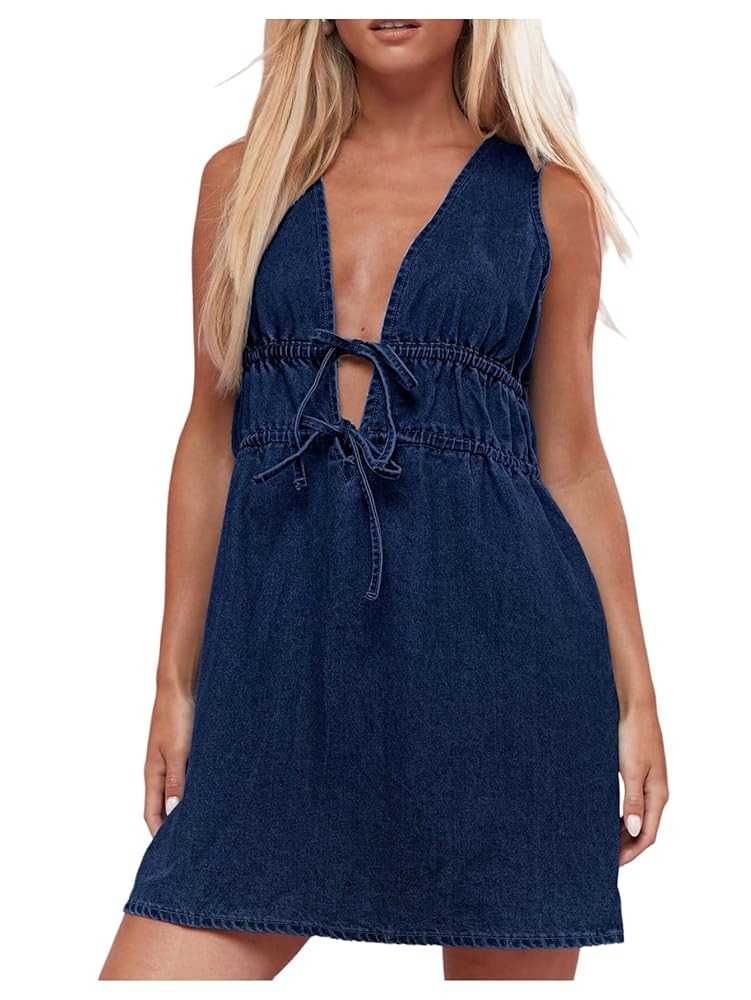 SHENHE Women's Deep V Neck Tie Bow Sleeveless Denim Mini Dress Summer Casual Jean Tank Dresses | Amazon (US)